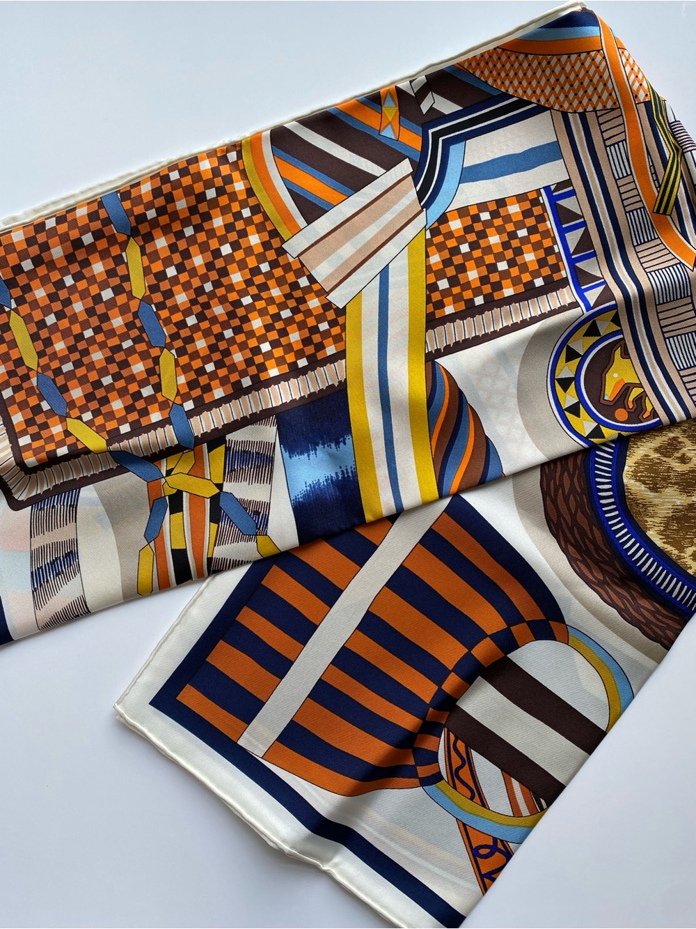 NEW Carolina Lemke Silk Royal Saddle Print Scarf Abstract Quiet Luxury Artisan